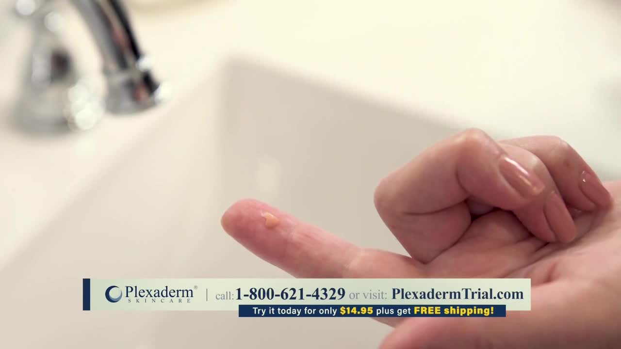 A small, yellowish blob sits on the tip of a finger, held up against a white background. Below, a commercial for Plexaderm promises a trial for only $14.95.
