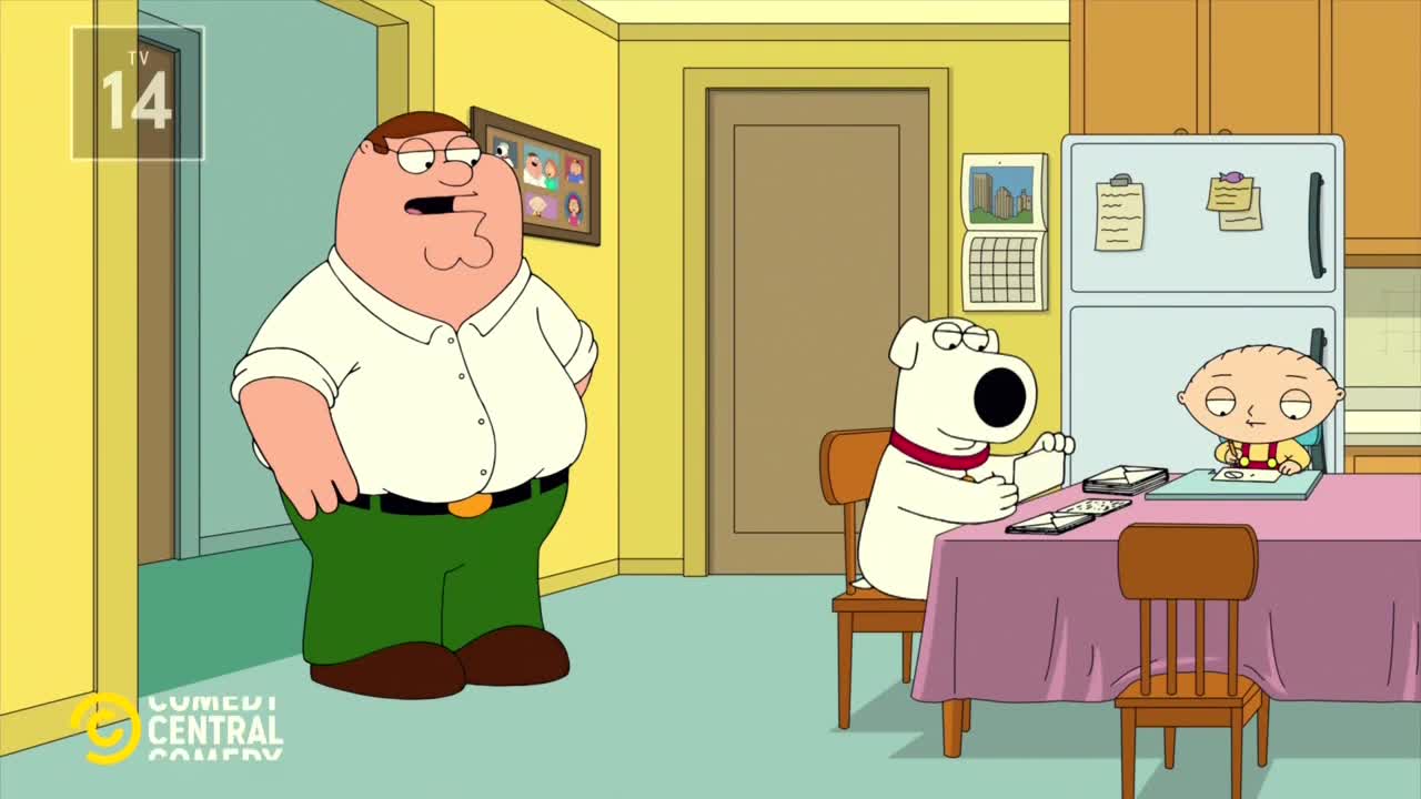 Peter stands with his hands on his hips, while Brian the dog and Stewie are at the kitchen table. Brian is holding a phone, and Stewie is looking at a piece of paper.

