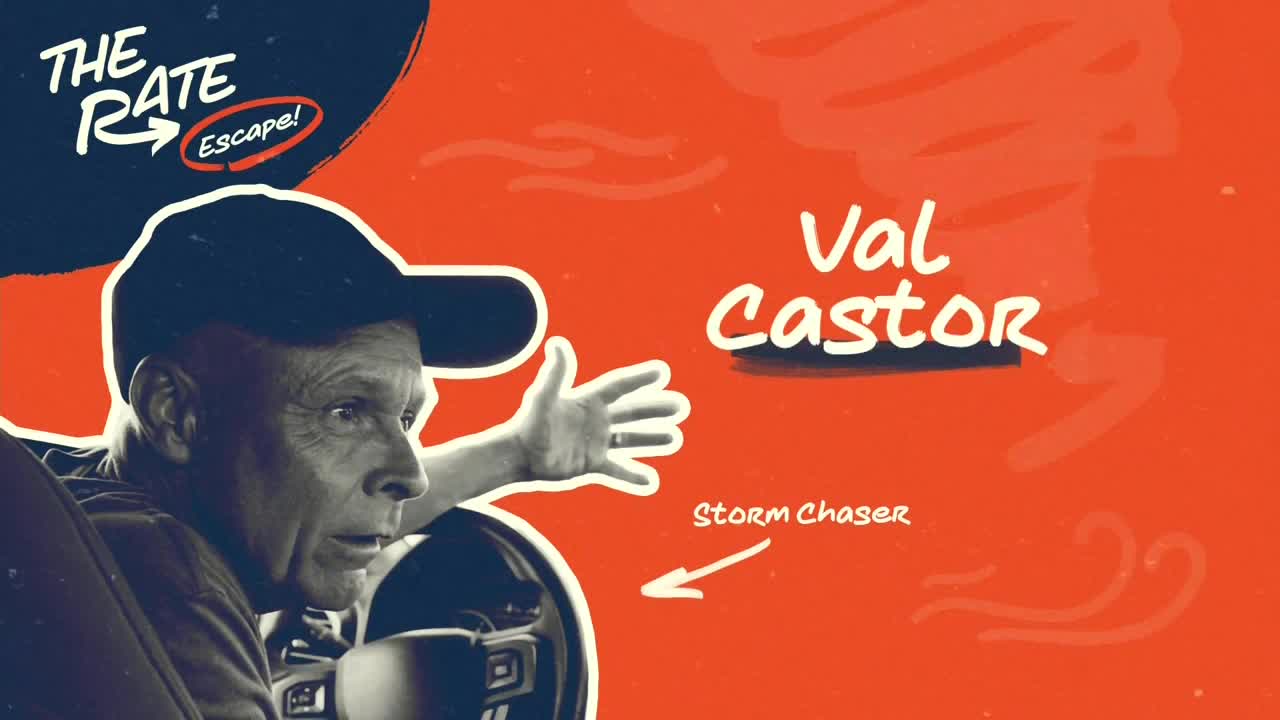 A man in a baseball cap, identified as Val Castor, gestures expansively from behind a steering wheel. The Comedy Central graphic labels him a "Storm Chaser" with a stylized tornado in the background.
