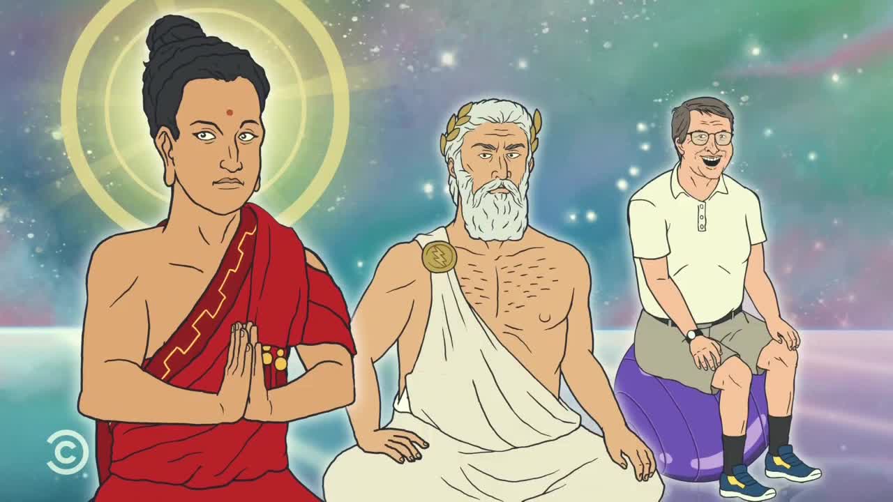 A cartoon Buddha, Zeus, and Bill Gates are seated in a cosmic background, apparently on a Comedy Central show. Gates is grinning and bouncing on a purple exercise ball.
