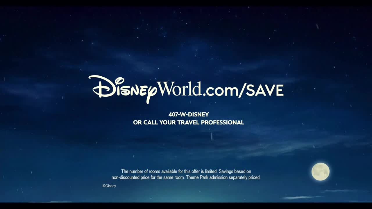 Above a dark, starry sky, the Disney World logo and website address are displayed in white script. Below, a bright moon shines, and a disclaimer about room availability is printed in smaller text.
