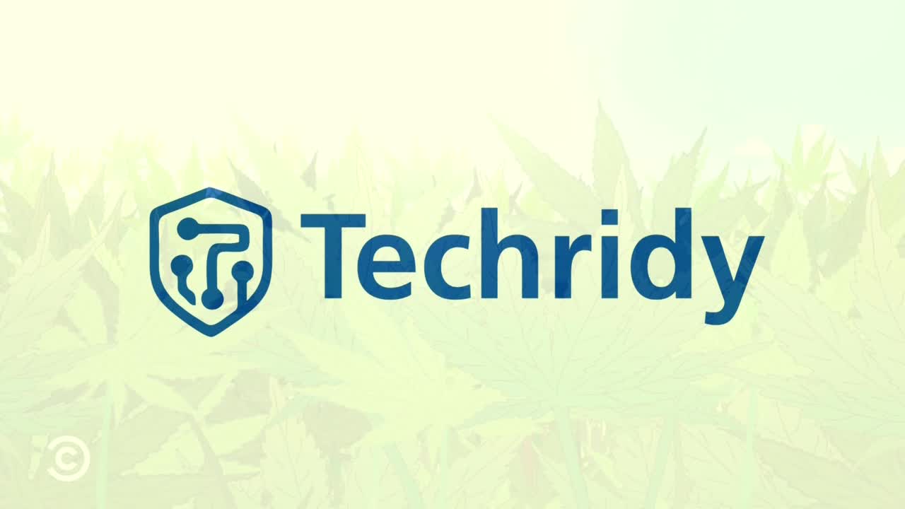 The "Techridy" logo, a blue shield with a circuit design, sits atop a background of faded green cannabis leaves. The Comedy Central logo is in the bottom left corner.
