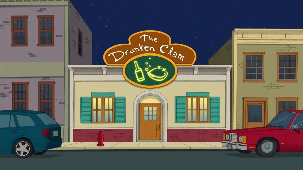 The sign for "The Drunken Clam" glows above a building with shuttered windows. A red car and a blue car are parked outside, and the night sky is filled with stars.
