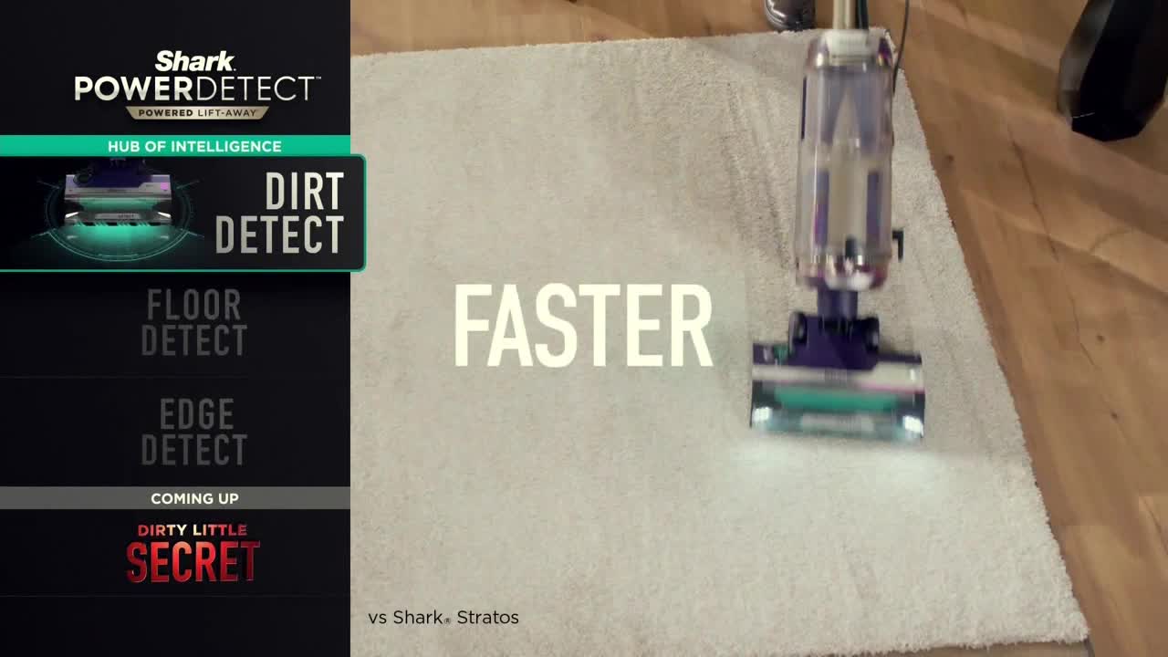 A vacuum cleaner moves across a white rug, the word "FASTER" prominently displayed. On the left, a graphic highlights the "Dirt Detect" feature, part of a commercial for a Shark PowerDetect vacuum.
