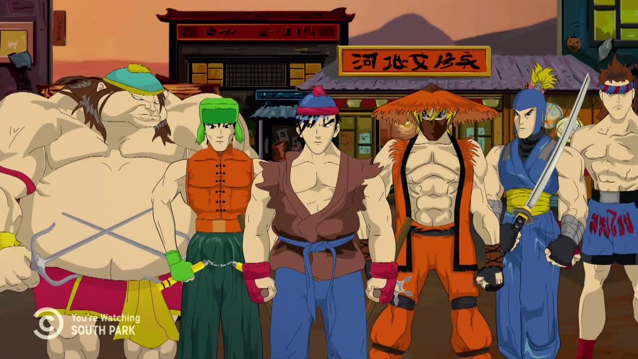 A group of muscular, cartoonish figures stand side-by-side, each dressed in fighting game-inspired attire. The Comedy Central logo in the corner confirms this is a scene from *South Park*.
