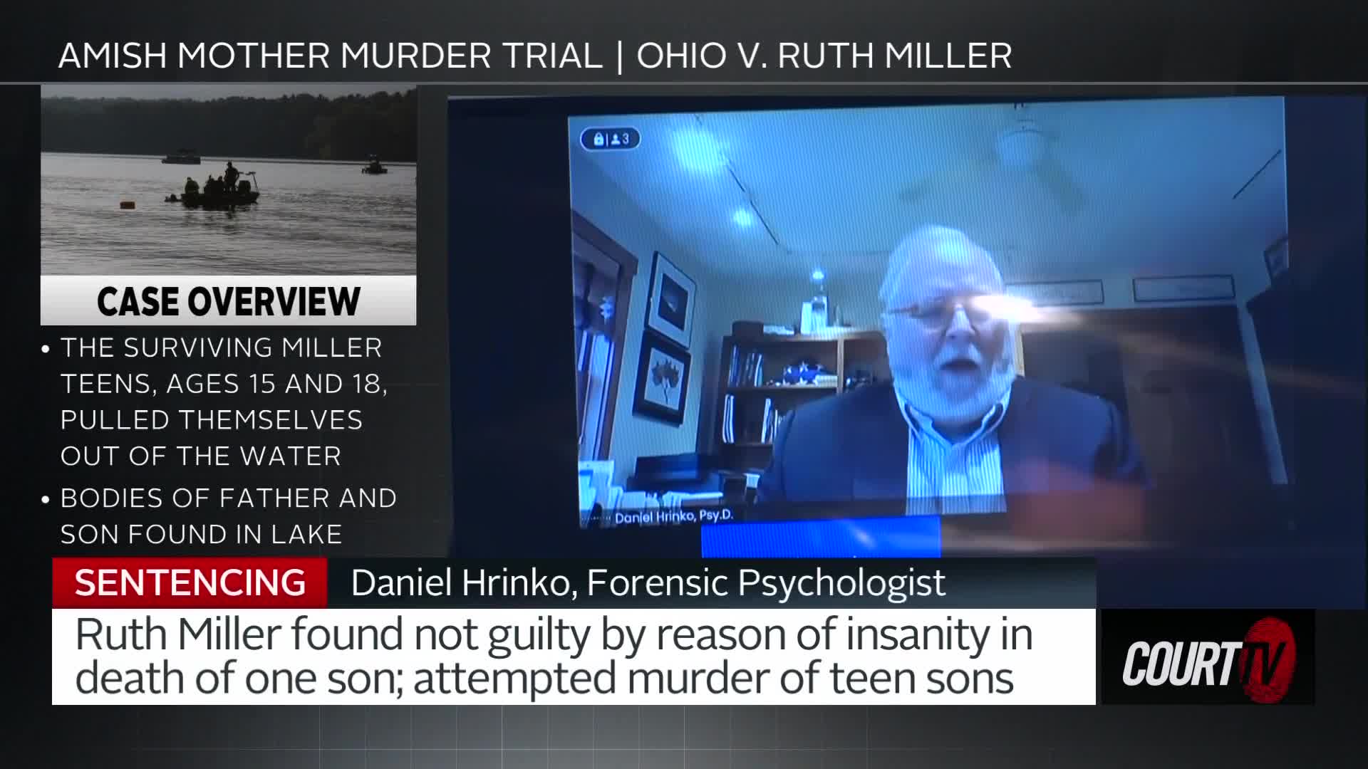 A man with white hair and glasses speaks on a screen, identified as Daniel Hrinko, a forensic psychologist. Below him, text details Ruth Miller's sentencing in an Ohio court.