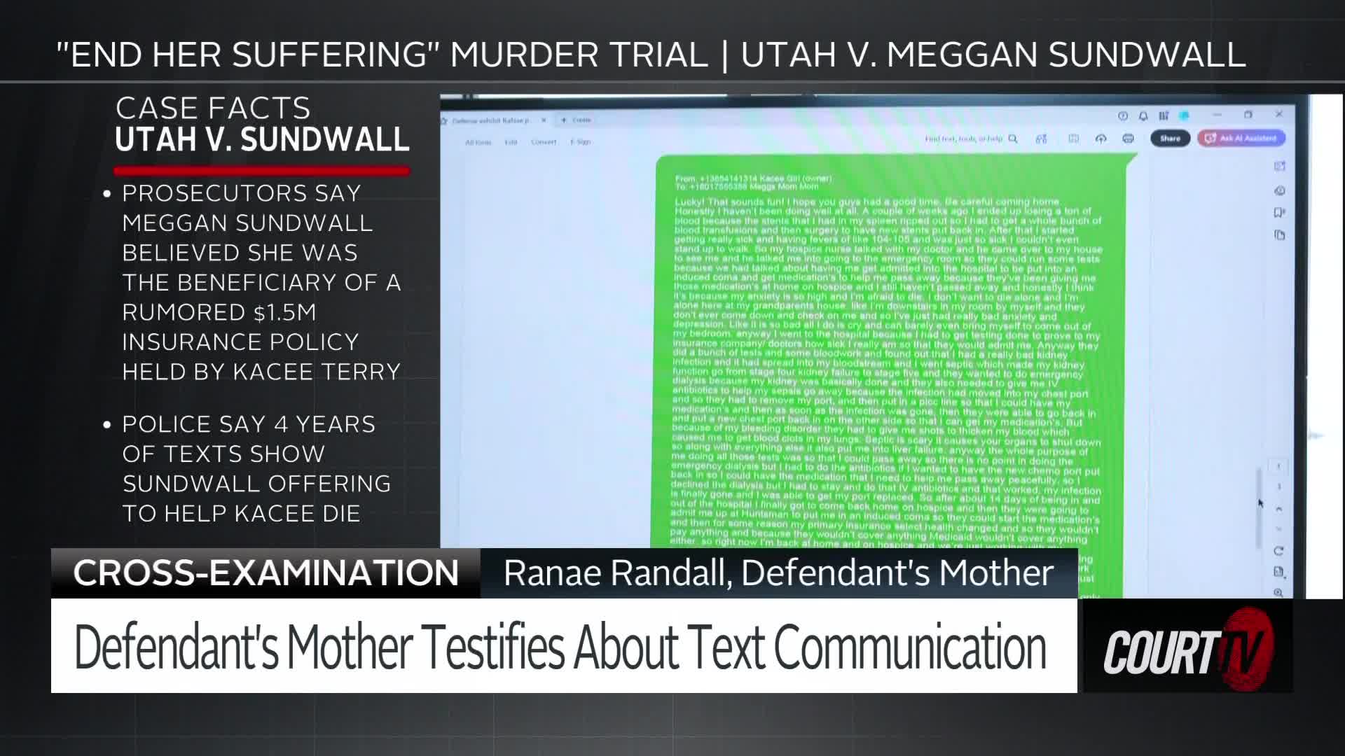 On the screen, a dense block of green text displays a lengthy message, likely from a phone. Below it, a banner announces "Defendant's Mother Testifies About Text Communication" for the Utah v. Sundwall murder trial.