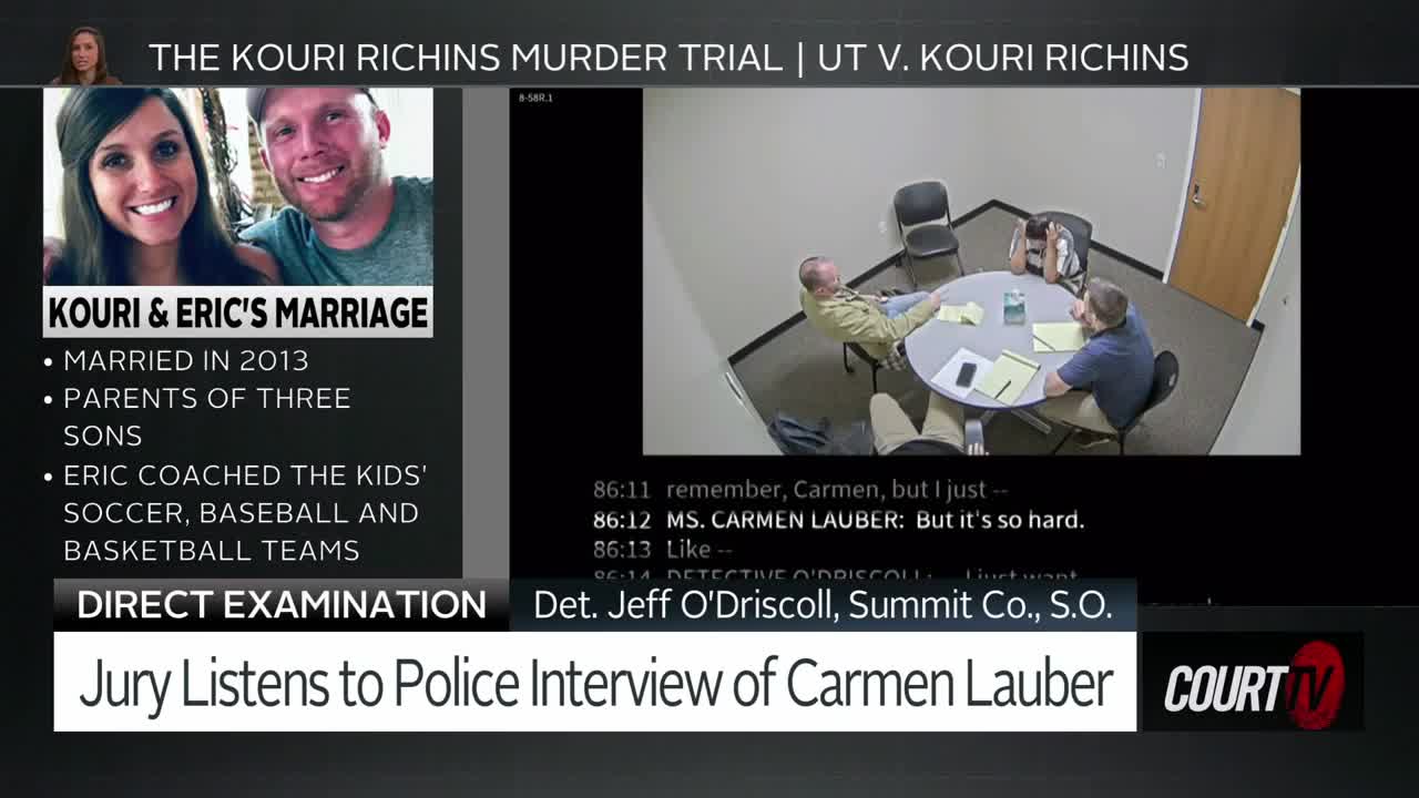On the screen, a woman sits with her head in her hands at a round table, facing two men. The Court TV chyron below reads "Jury Listens to Police Interview of Carmen Lauber."