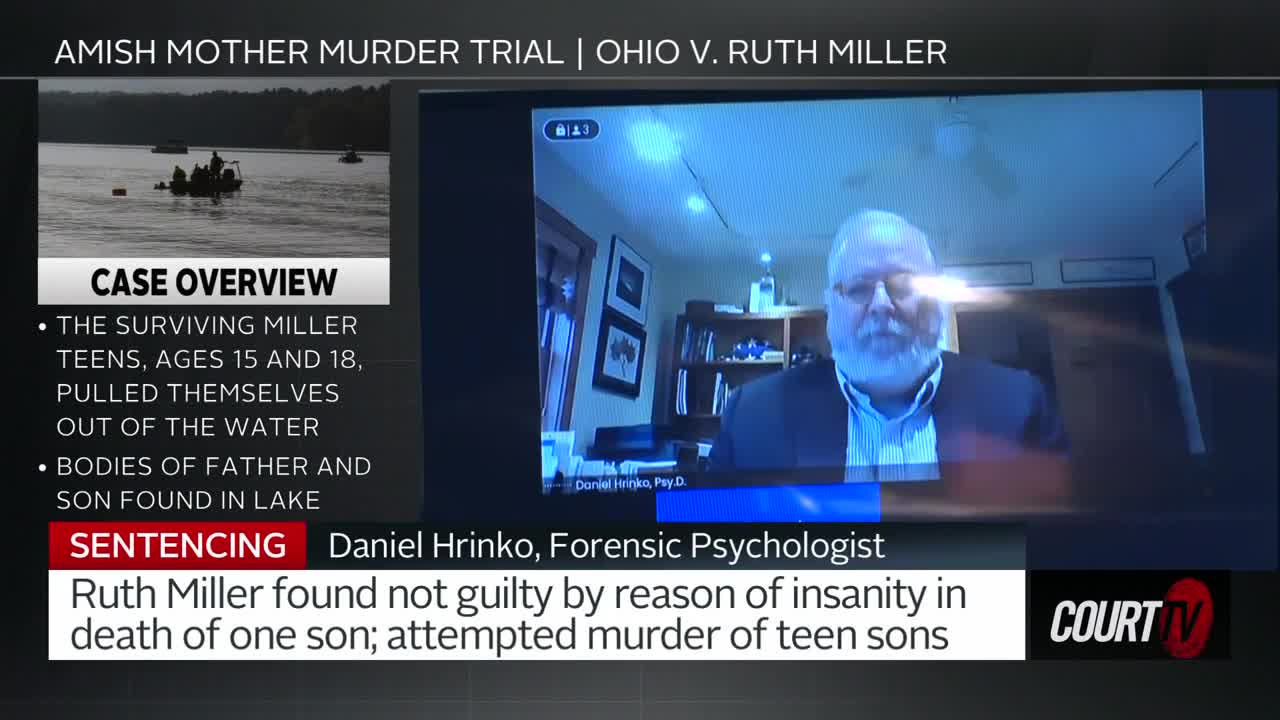 A man with glasses and a beard speaks from a video feed, identified as a forensic psychologist. The screen also shows a dark image of a lake with boats and people, detailing a case overview.