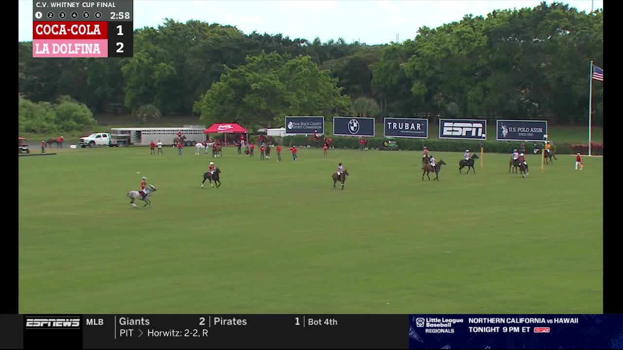 On the green field, riders on horseback chase each other, sticks raised, in a polo match. The scoreboard on ESPNews shows Coca-Cola trailing La Dolina.
