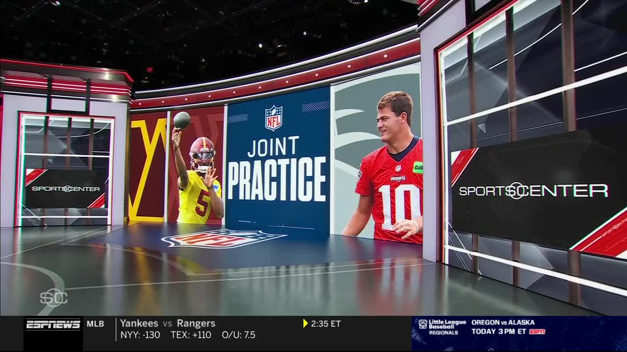 On a brightly lit ESPNews set, images of football players are displayed on large screens. The scene highlights a "Joint Practice" segment, with the SportsCenter logo prominently featured.
