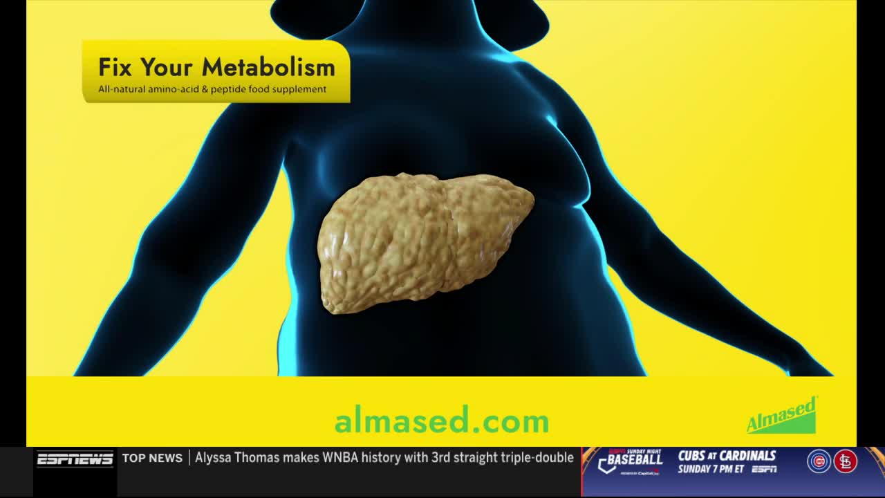 A 3D model of a person's torso is shown against a bright yellow background, with a highlighted liver in the center. The ESPNews banner at the bottom advertises a supplement to "Fix Your Metabolism."
