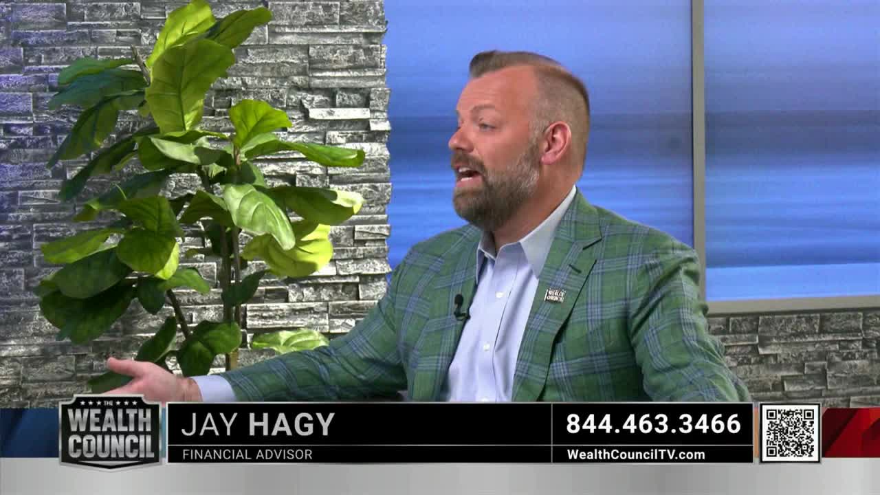 A man in a green plaid jacket gestures with his hands while speaking. Behind him, a large plant with broad, green leaves stands next to a faux stone wall.
