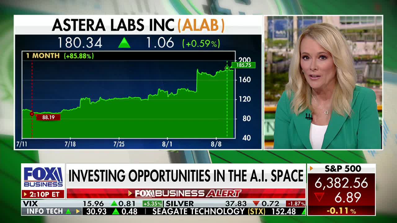 A graph of Astera Labs stock, displayed on Fox Business Network, shows a sharp climb over the past month. A woman in a green blazer is speaking, likely about investing opportunities.
