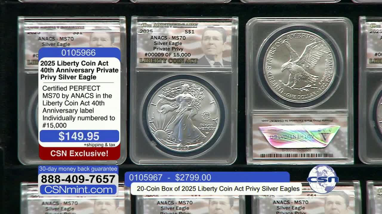 Silver coins, encased in clear plastic, are displayed on a dark surface, each with a label indicating its value and certification. The Fox Business Network logo and a phone number for CSNmint.com are visible at the bottom.
