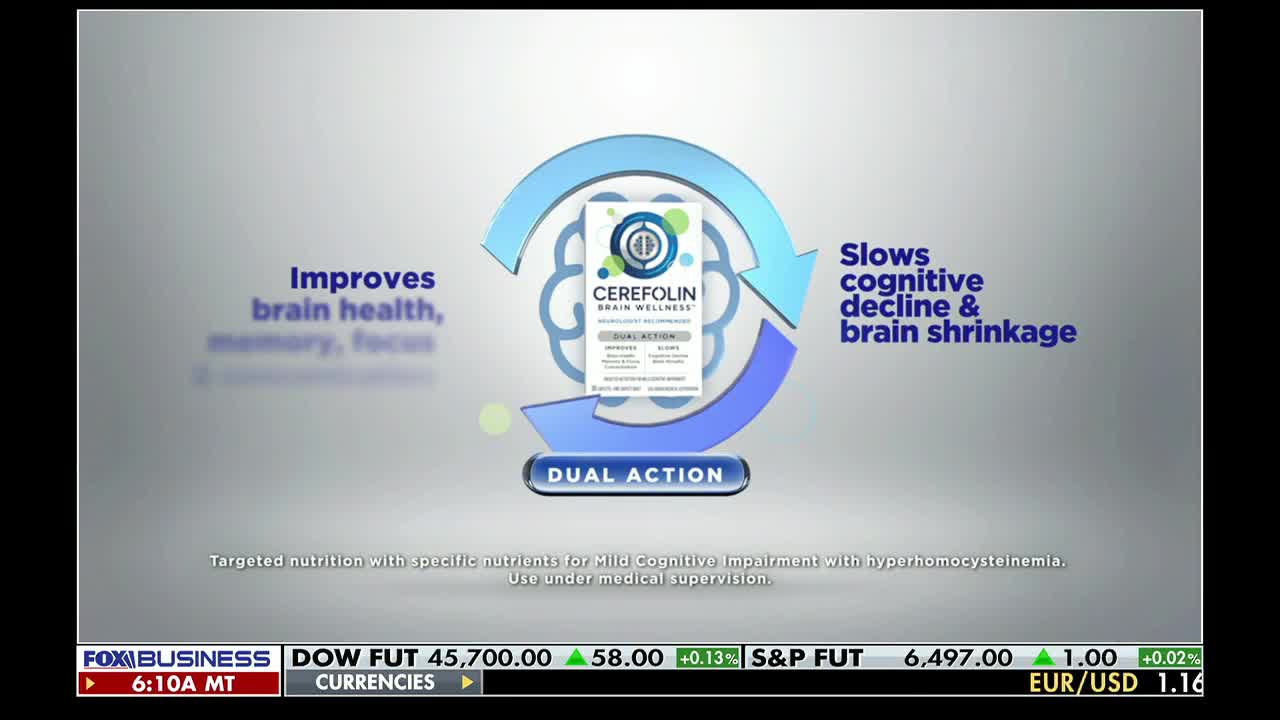 A product package, CEREFOLIN, sits at the center of the screen, framed by looping blue arrows. The Fox Business Network logo and stock market data are displayed at the bottom.
