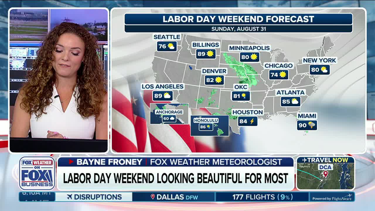 A meteorologist on Fox Business Network is reporting the Labor Day weekend forecast, with a map of the United States displayed behind her. The map shows temperatures and weather symbols for different cities across the country.
