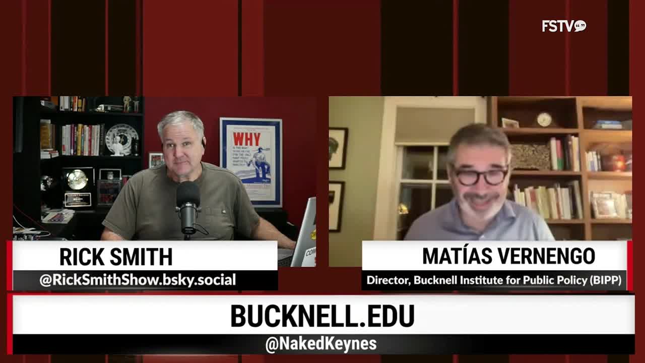 On Free Speech TV, two men are in a split-screen conversation. Rick Smith, on the left, sits behind a microphone, while Matías Vernengo appears from a home office setting.
