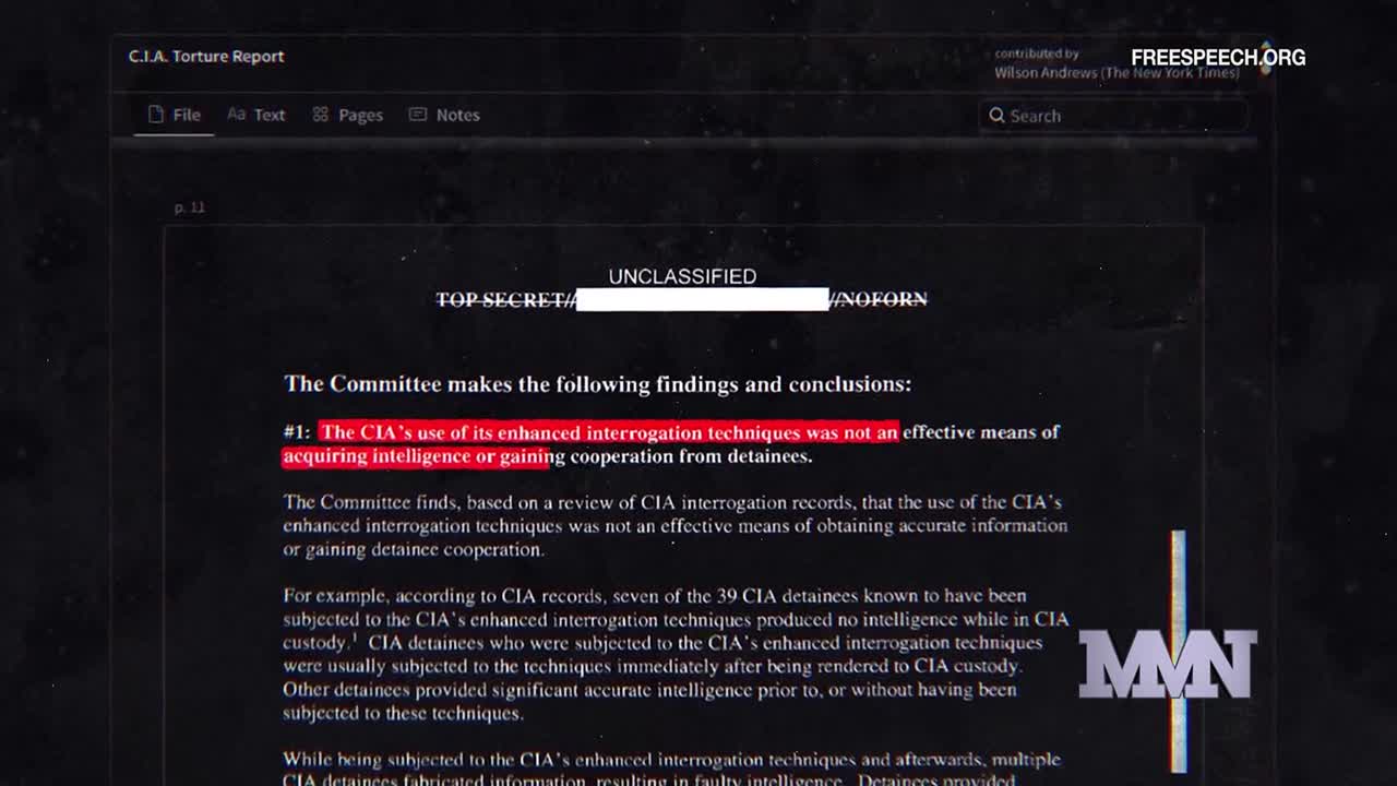A document from the CIA Torture Report is displayed, with the title "TOP SECRET" and a highlighted conclusion. The Free Speech TV logo is visible in the corner.
