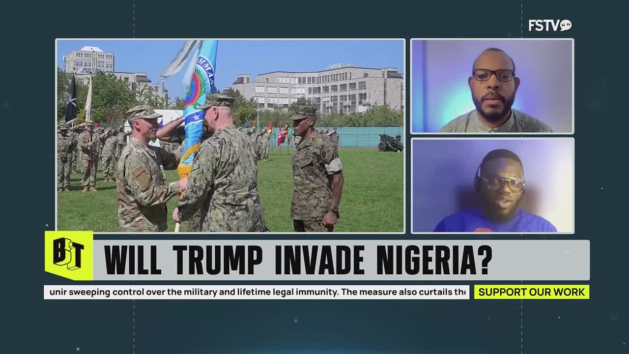 Two men in military uniforms are shaking hands, one saluting the other, as a group of soldiers stands at attention behind them. The scene is framed by a broadcast graphic from Free Speech TV, with the question "Will Trump invade Nigeria?" displayed prominently.
