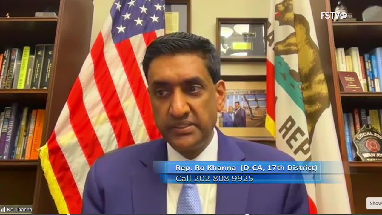 A man in a blue suit is speaking, his image framed by the American and California flags. The Free Speech TV logo is visible in the corner, and a graphic identifies him as Representative Ro Khanna.
