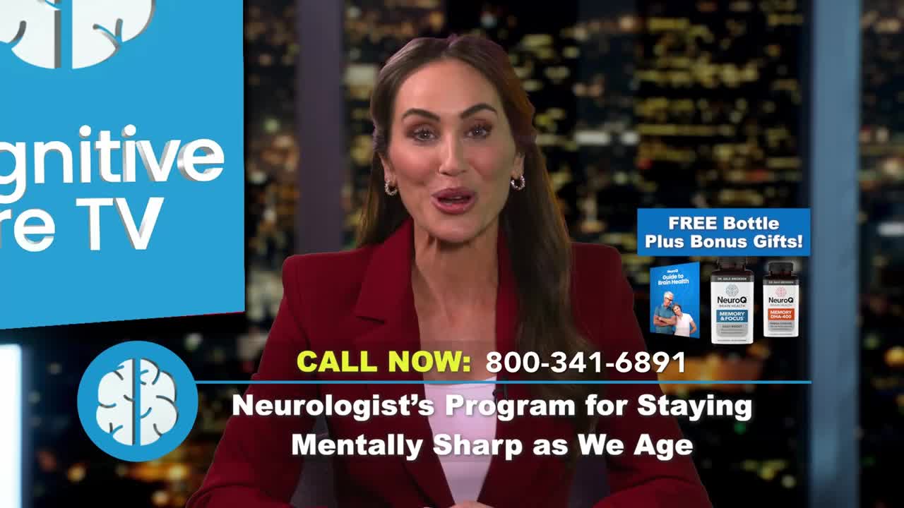 A woman in a red blazer is speaking directly into the camera, promoting a product for cognitive health. The screen displays a phone number and offers of free gifts.
