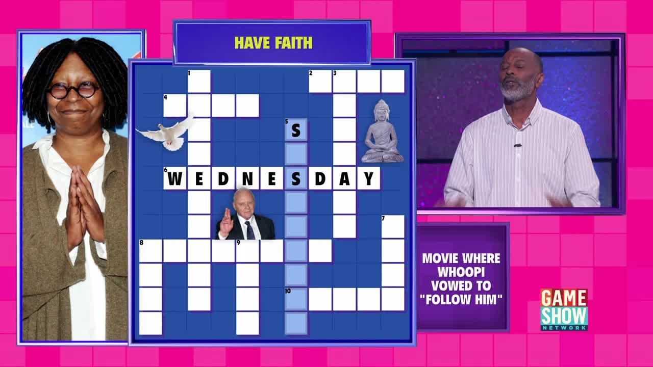 On the Game Show Network, a crossword puzzle is displayed with the word "WEDNESDAY" already filled in. The contestant, a man in a button-down shirt, looks on as the clues are revealed.
