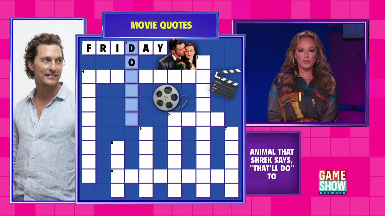 A crossword puzzle with movie quotes is displayed on a blue screen, and a woman on the Game Show Network is looking directly at the camera. Matthew McConaughey's picture is on the left.
