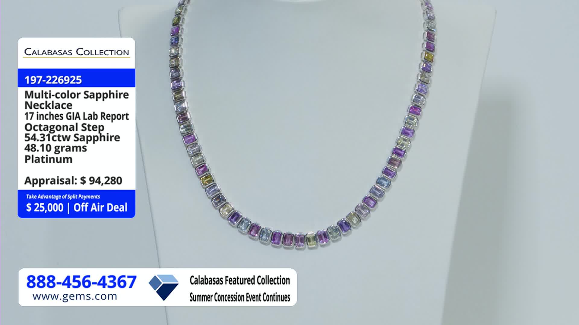 A multi-colored sapphire necklace, displayed on a white stand, is the focus of the Gem Shopping Network presentation. The necklace's description is listed alongside the price, and an "Off Air Deal" is advertised.
