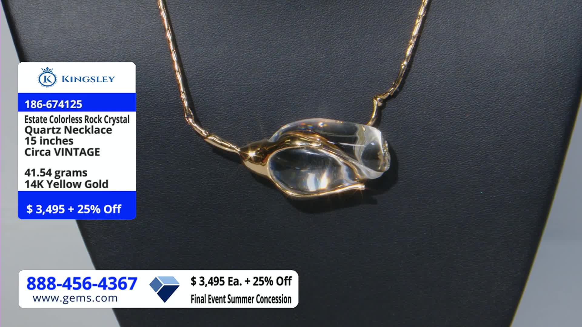 A vintage rock crystal quartz necklace sits on a black display, its gold chain and setting catching the light. The Gem Shopping Network is advertising the piece, highlighting its price and offering a discount.
