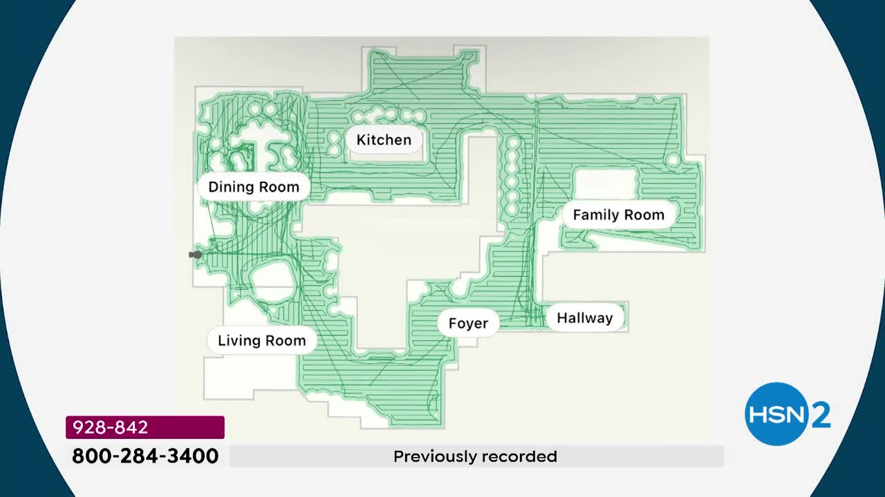 A robotic vacuum navigates a home's floor plan, meticulously cleaning the living room, dining room, kitchen, foyer, hallway, and family room. Its path is clearly mapped out with green lines, showing its thorough coverage.