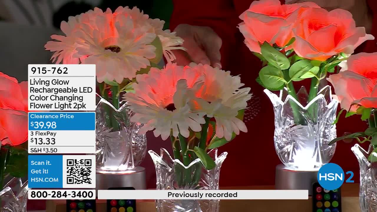 These artificial flowers glow with an internal light, shifting from white to a warm orange. A clear label displays the item number, price, and ordering information for the HSN channel.