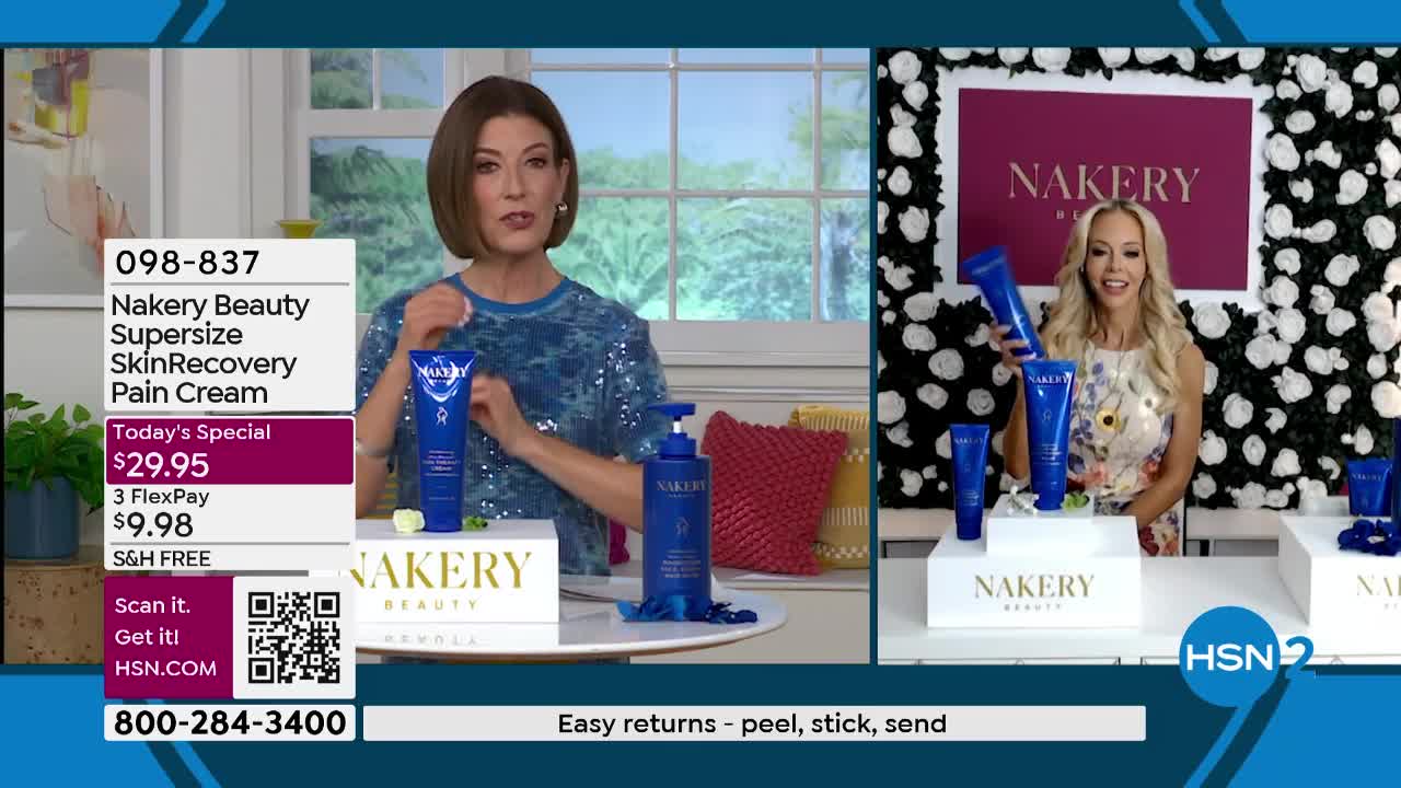 A woman on HSN2 holds up a blue bottle of Nakery Beauty Supersize SkinRecovery Pain Cream. Another woman next to her displays several more bottles of the same product.