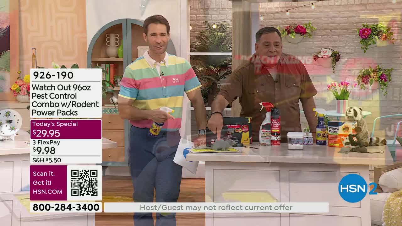 A man in a colorful striped shirt sprays a bottle onto a table. Beside him, another man in a brown shirt points to a collection of pest control products.