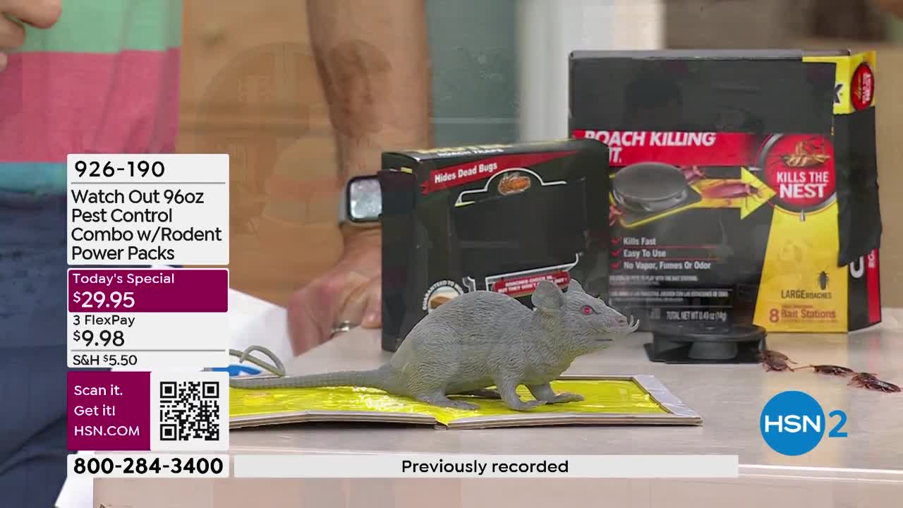 A gray plastic rat sits on a yellow sticky trap. Boxes of pest control products are displayed behind it, with one promising to "Kill the Nest."