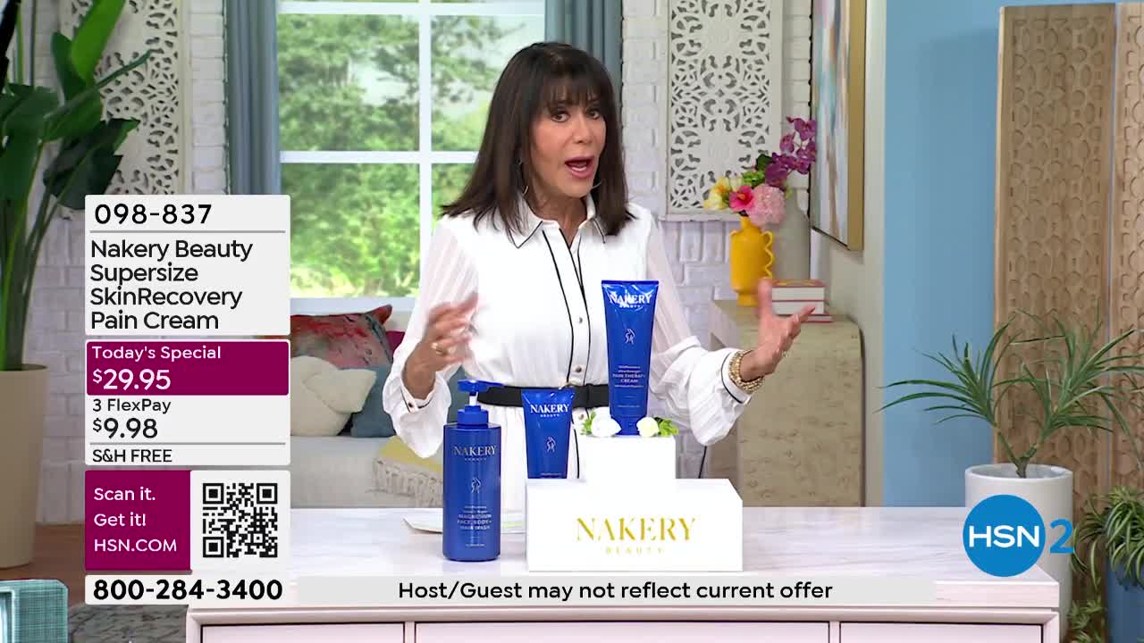 A woman gestures enthusiastically toward three blue bottles of Nakery Beauty SkinRecovery Pain Cream. The HSN2 logo appears in the lower right corner.