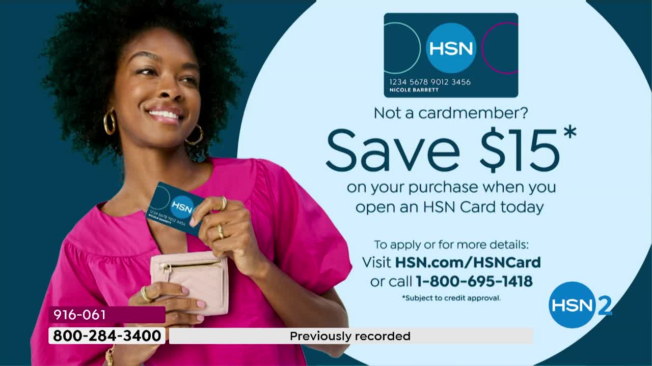 A woman smiles, holding up an HSN card and a small wallet. The screen advertises a $15 savings for opening an HSN card.