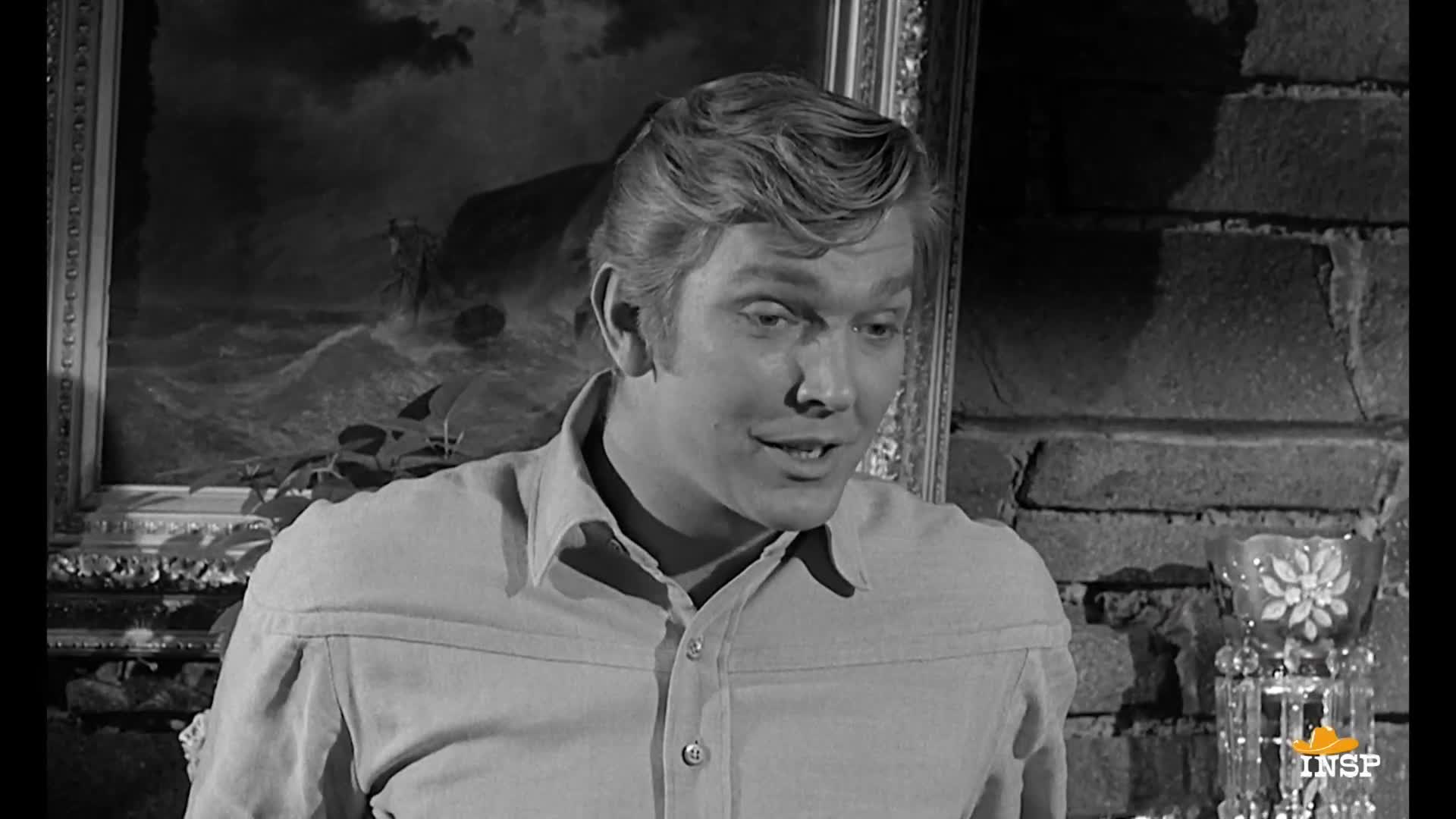 The man in the light-colored shirt is speaking, his face lit by the glow of the camera. Behind him, a painting hangs on the wall, and the INSP logo is visible in the corner.
