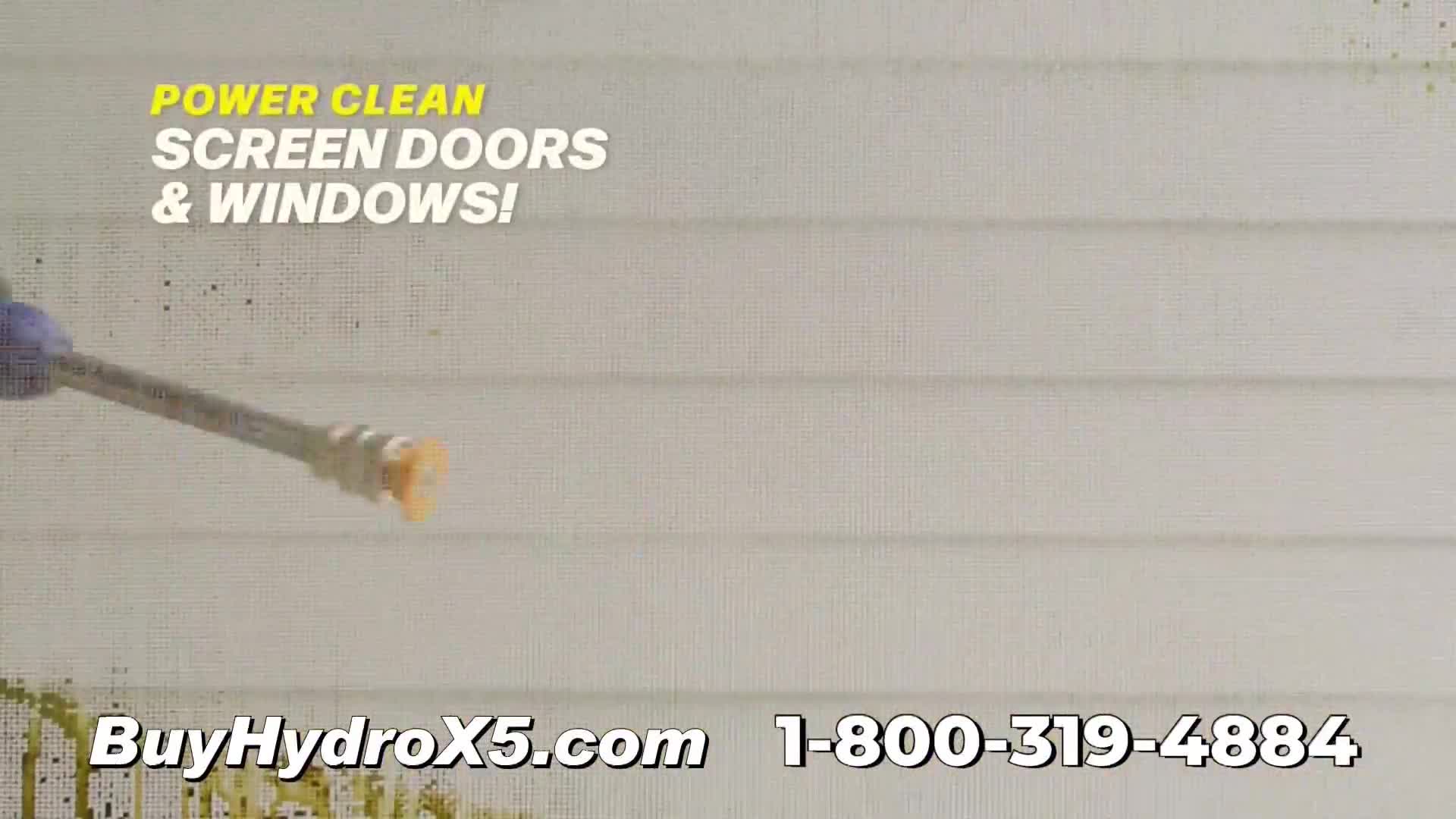 A nozzle sprays a screen door, and the water is knocking away dirt and grime. The commercial for the cleaning tool is playing on INSP.

