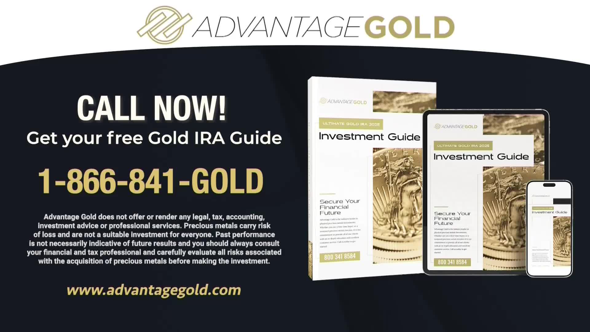 A digitally rendered ad for Advantage Gold displays a book, tablet, and phone with a gold coin design. The ad urges viewers to call for a free Gold IRA guide.
