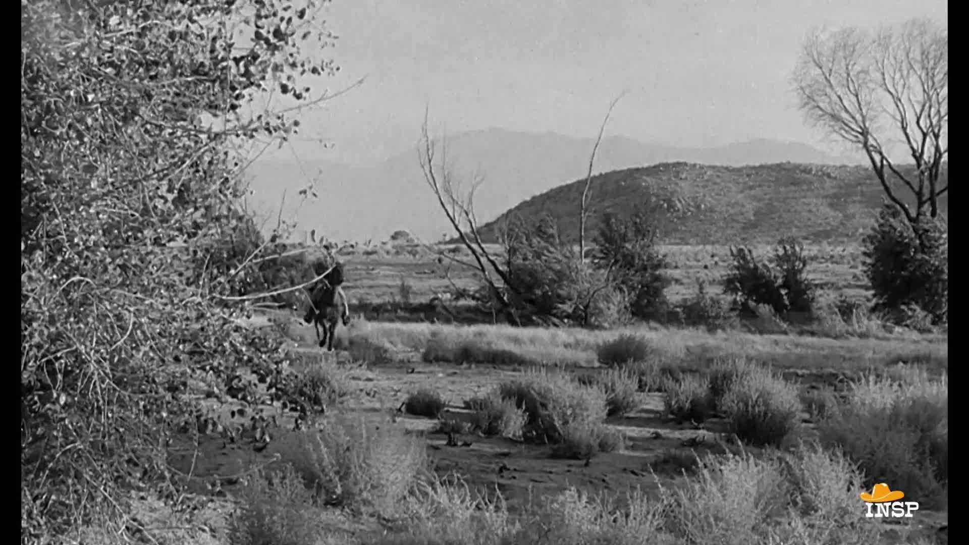 A rider on horseback moves through the scrubby landscape. The horse is trotting, heading toward the distant hills.

