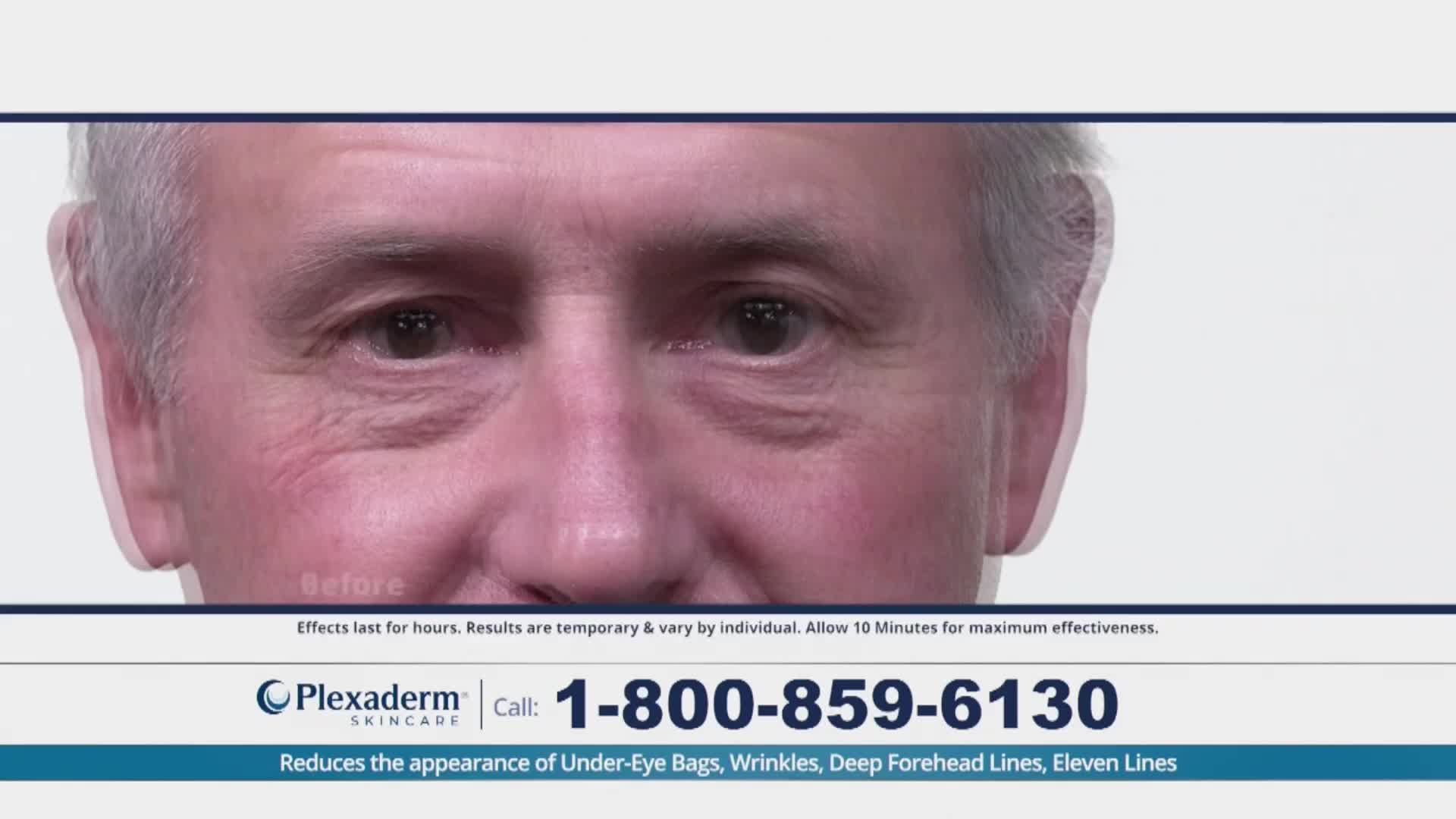 A close-up of a man's face fills the screen, highlighting the wrinkles around his eyes. Below, a phone number and product information flash, likely an advertisement on INSP.

