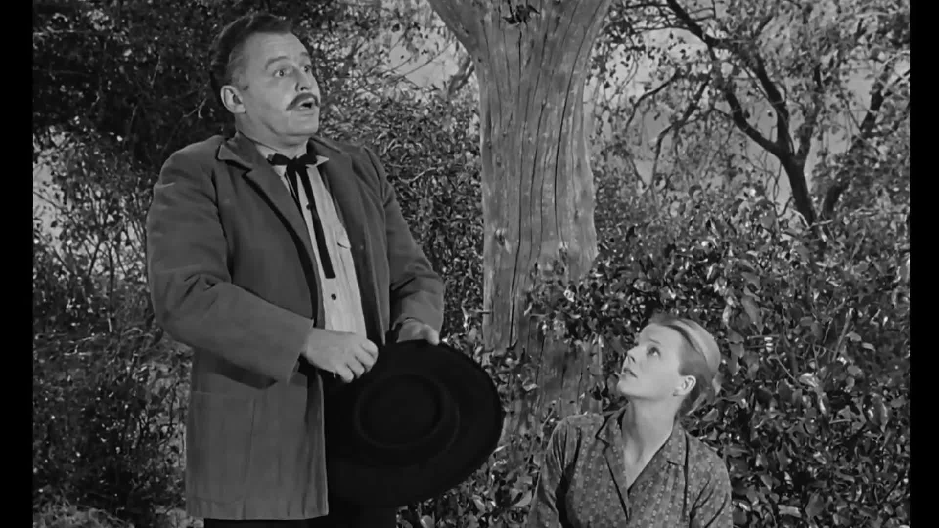 The man, hat in hand, looks up with a surprised expression. A woman gazes upward, her face tilted towards something unseen.
