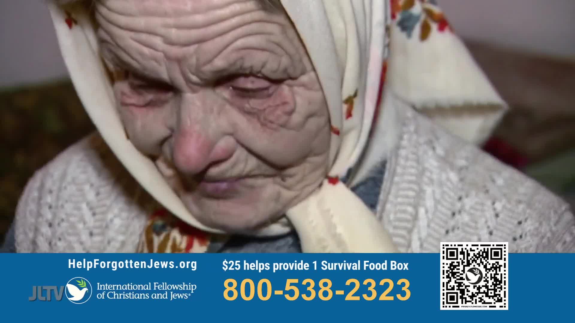 An elderly woman with deep wrinkles on her face looks down, her head covered by a patterned scarf. A blue banner at the bottom displays contact information for the International Fellowship of Christians and Jews.
