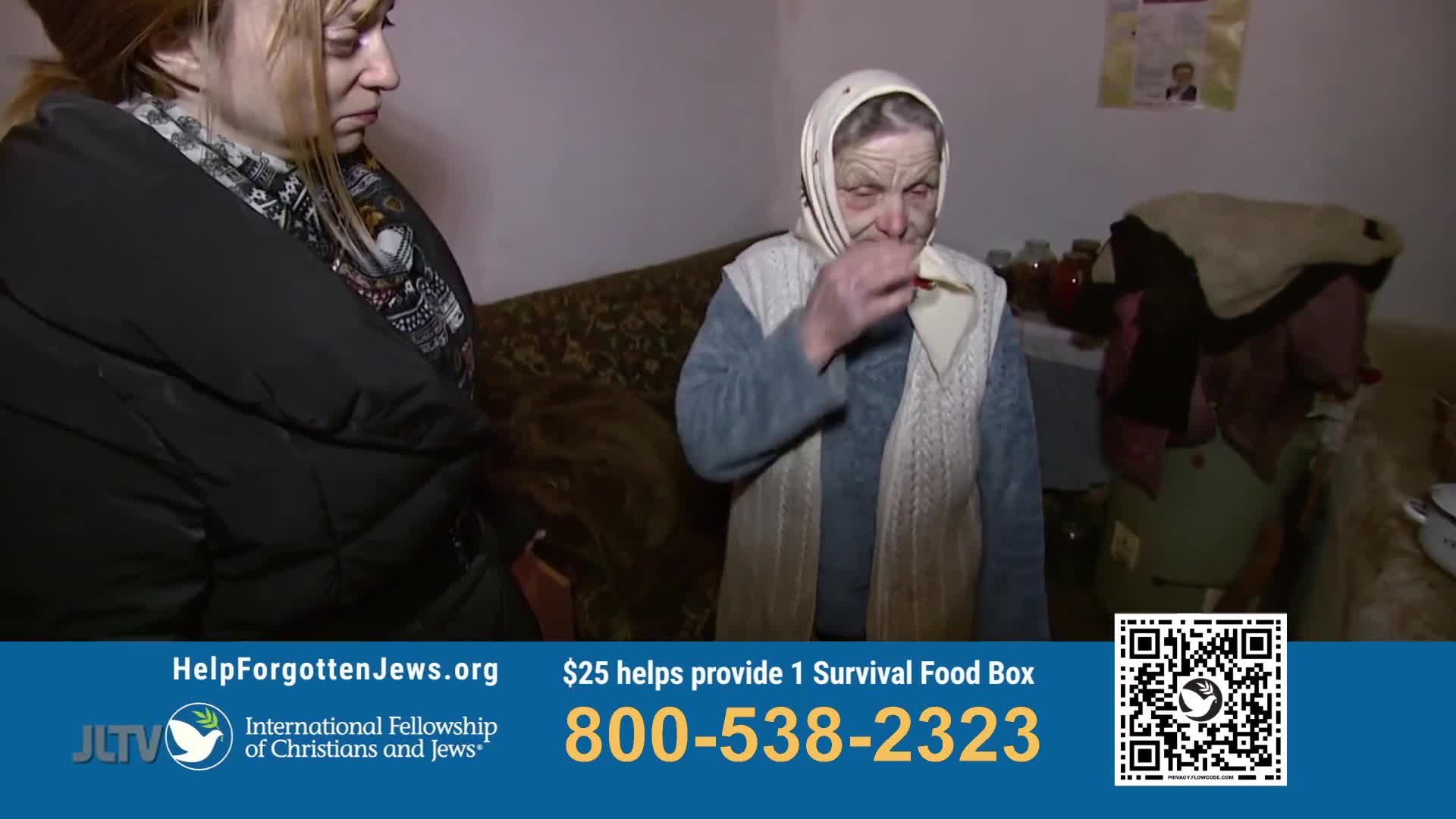 An older woman, her face etched with worry, brings her hand to her mouth. A younger woman stands beside her, her gaze fixed on something out of frame. This scene is part of a segment from JLTV, highlighting the work of the International Fellowship of Christians and Jews.