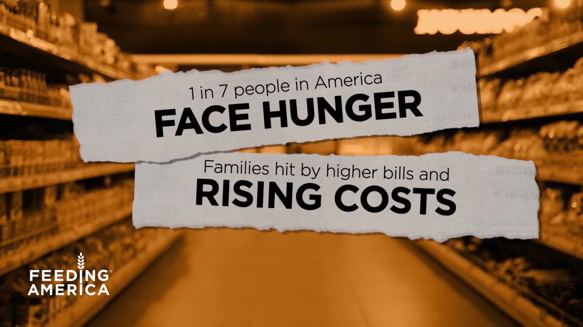 A grocery aisle stretches out, lined with shelves of food. Torn paper headlines declare "1 in 7 people in America FACE HUNGER" and "Families hit by higher bills and RISING COSTS."