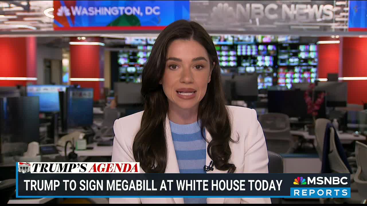 The MSNBC anchor in Washington, D.C. is speaking directly to the camera. The chyron below her announces Trump will sign a megabill at the White House today.
