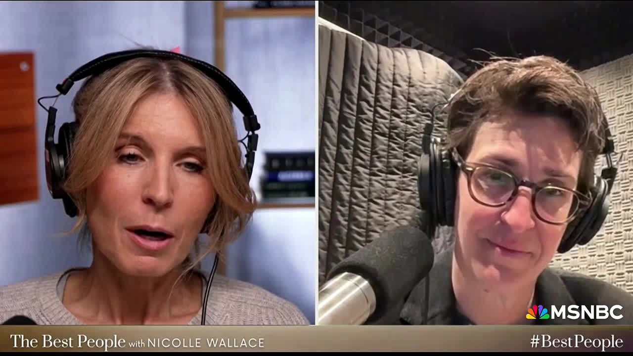 On MSNBC, Nicolle Wallace is speaking, while a guest wearing glasses listens intently. The show's logo and hashtag are visible in the corner.
