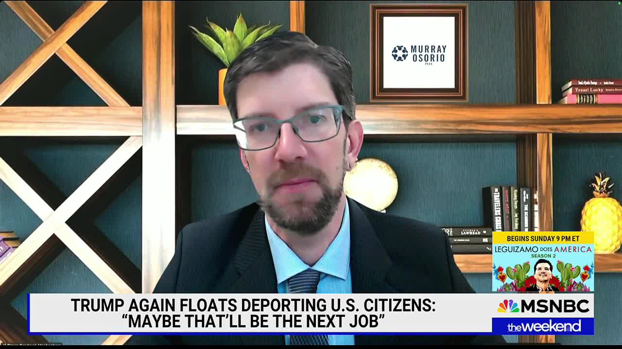 A man in a suit and glasses speaks directly to the camera, framed by a bookshelf and the MSNBC logo. The chyron at the bottom of the screen highlights a story about Trump and deporting U.S. citizens.
