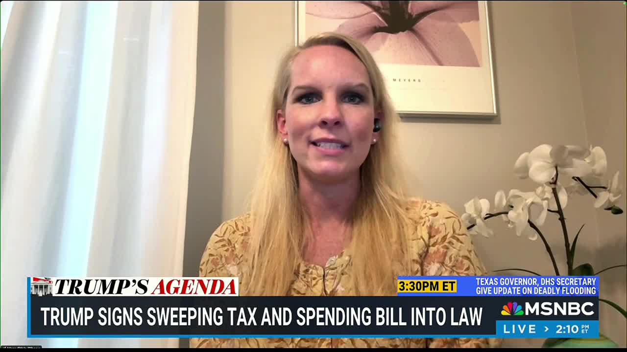 A blonde woman, wearing a patterned top, speaks directly into the camera, a small earpiece in her ear. The MSNBC graphic at the bottom of the screen announces a story about Trump and a tax bill.
